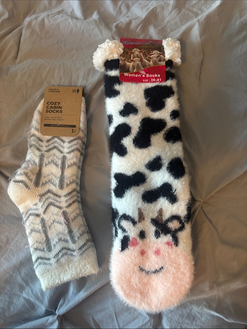 Cozy Cabin Women's Fuzzy Cow Print Socks - Black & Cream